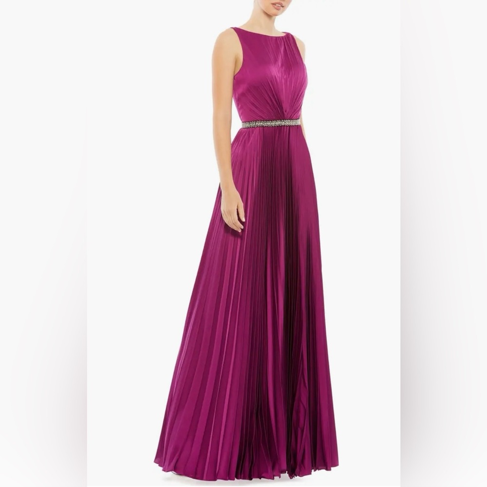 Ieena for Mac Duggal Crystal Pleated Satin A-Line Gown